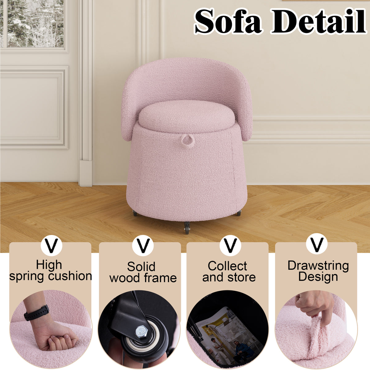 Versatile 23" Storage Stool: Multi-Functional Pink Teddy Fleece Design, Enhances Functionality in Bedrooms & Living Rooms W1278122696-djyc