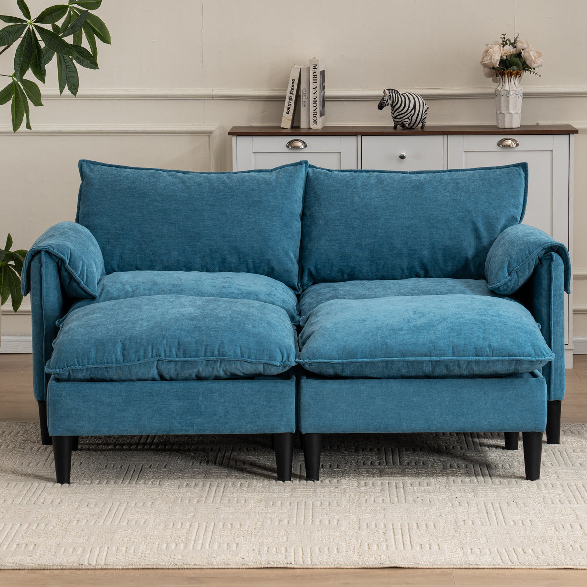 Convertible Combination Sofa Sofa U-Shaped Sofa with Footstools with Storage, Gray Sofa for Living Room, Living Room/Bedroom/Office/Small Space 2-Seater Combination Sofa- (Blue) W2012P253357-djyc