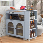 K&K Rolling Kitchen Island With Extended Table, Kitchen Island on Wheels with LED Lights,Power Outlets and 2 Fluted Glass Doors, Kitchen Island with a Storage Compartment and Side 3 Open Shelves, Grey WF316018AAG-djyc