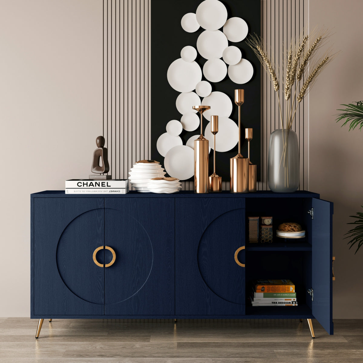 Modern Lacquered 4 Door Wooden Cabinet Sideboard Buffet Server Cabinet Storage Cabinet, for Living Room, Entryway, Hallway, Office, Kitchen and Dining Room, Navy Blue W1435P191610-djyc