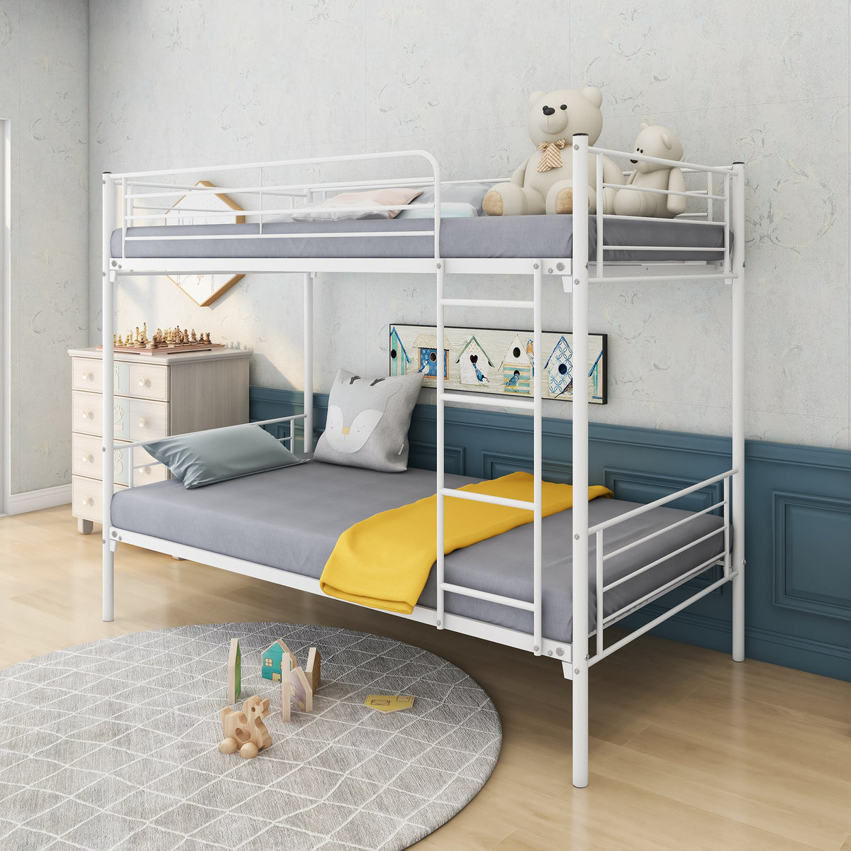 Twin-Over-Twin Bunk Bed with Metal Frame and Ladder, Space-Saving Design,White W84034153-djyc