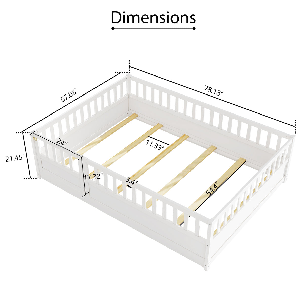 Full sizeFloor bed, integral construction with super high security barrier, door, children's floor bed frame, Montessori wooden children's floor bed, Support slat white W1858P164943-djyc