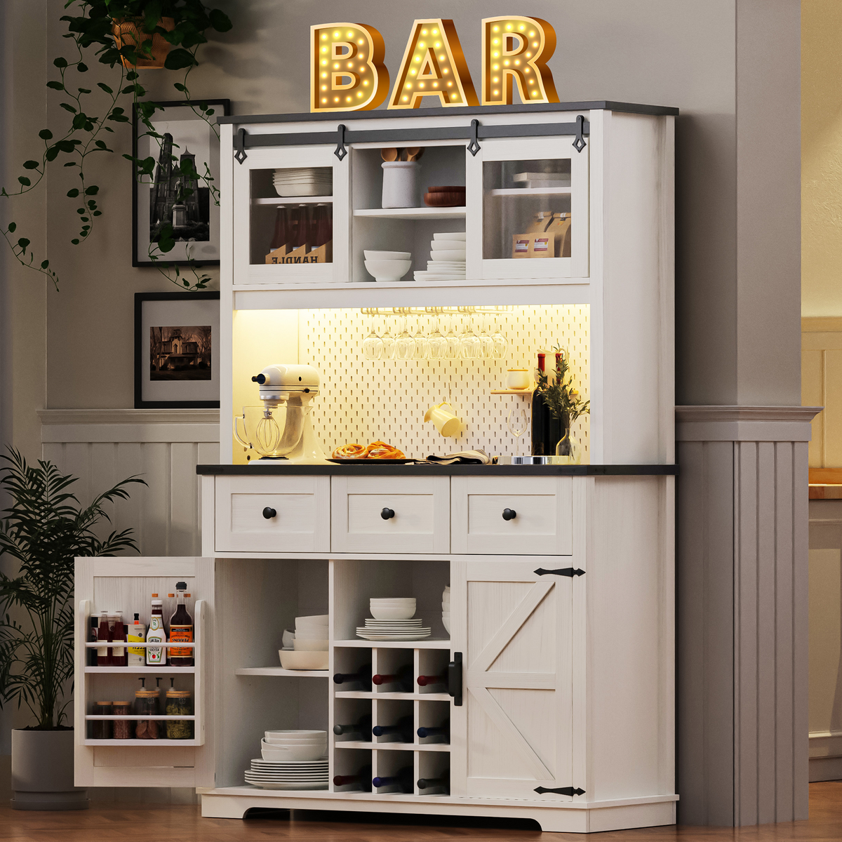 K&K 71" Farmhosue Pantry Bar Cabinet with Internal Storage Rack,Kitchen Cabinet with Hutch,Sliding Door,Power Outlet,Pegboard,Wine & Glasses Rack,3 Drawers,Rustic Coffee Bar Storage Cabinet,White Oak N707S000008W-djyc