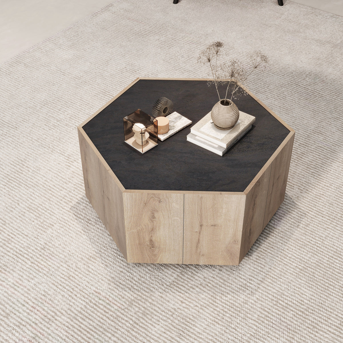 Hexagonal Rural Style Garden Retro Living Room Coffee Table with 2 drawers, Textured Black + Warm Oak W88194499-djyc