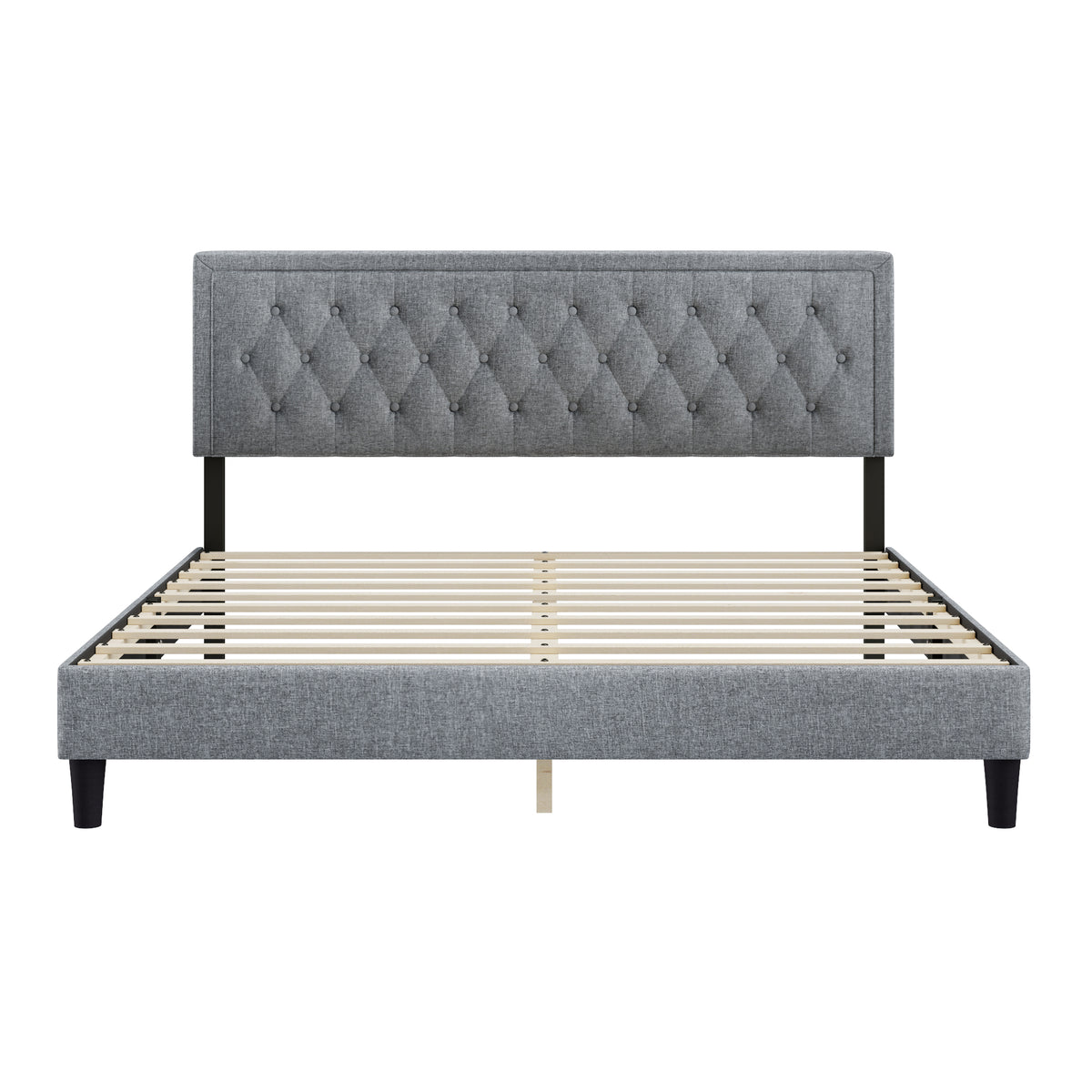 King size Panel Bed Frame with Adjustable Button-Tufted Headboard for Bedroom/Linen Upholstered/Wood Slat Support/Easy Assembly,Light Grey W1793140501-djyc