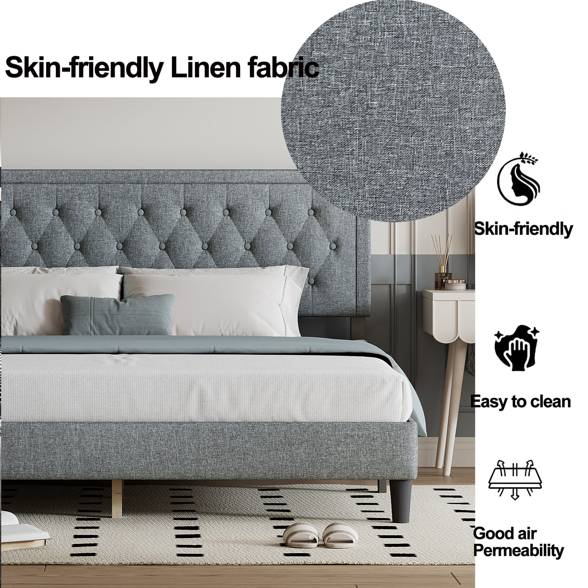 King size Panel Bed Frame with Adjustable Button-Tufted Headboard for Bedroom/Linen Upholstered/Wood Slat Support/Easy Assembly,Light Grey W1793140501-djyc