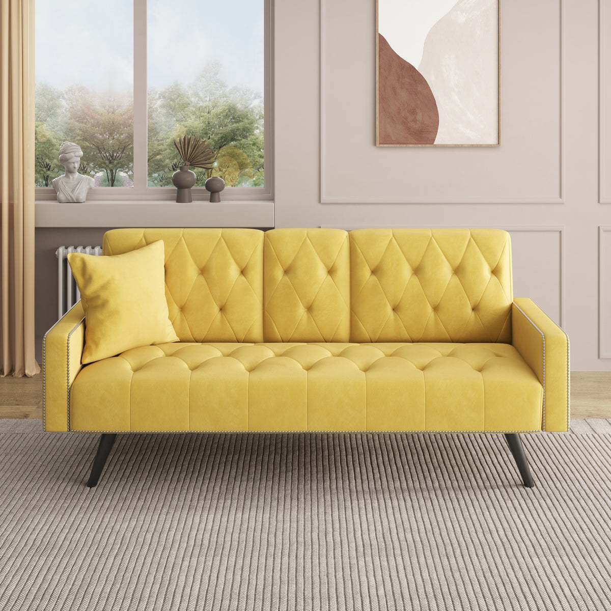 Compact Yellow Velvet Sofa Bed with Nailhead Trim Armrests & Dual Cup Holders - Perfect for Small Spaces, 72-Inch Length W1278P172941-djyc