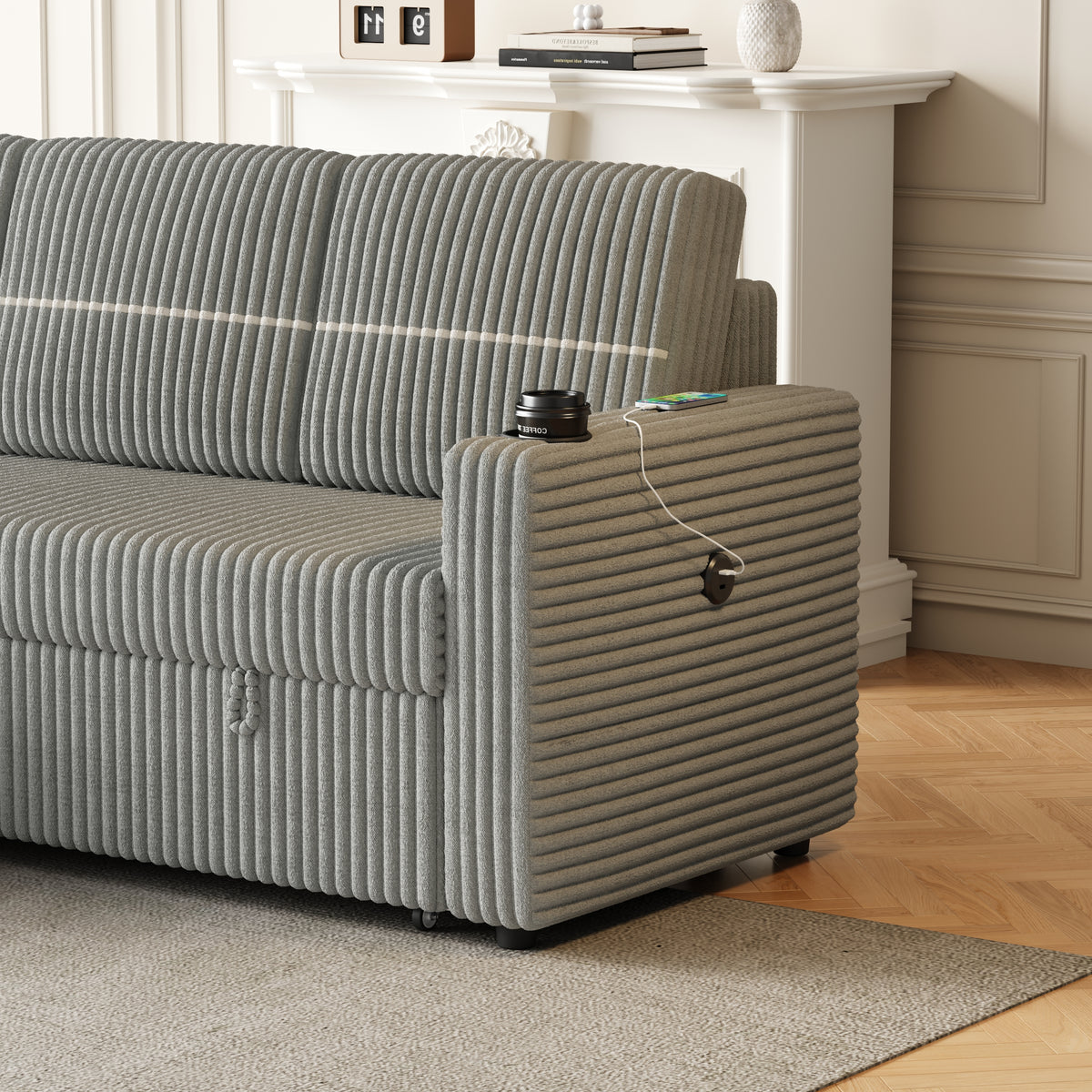 85 Inches Corduroy Sofa Bed, 3 Seater Sleeper Sofa with Storage Chaise, Square Handrail With Two Cup-holder And USB Charge Port, Pull Out Couch for Living Room W834S00269-djyc