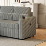 85 Inches Corduroy Sofa Bed, 3 Seater Sleeper Sofa with Storage Chaise, Square Handrail With Two Cup-holder And USB Charge Port, Pull Out Couch for Living Room W834S00269-djyc