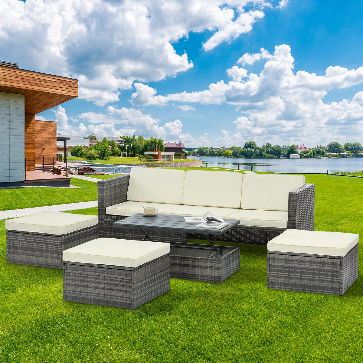 Patio Furniture, Outdoor Furniture, Seasonal PE Wicker Furniture,5 Set Wicker Furniture With Plywood Coffee Table,with lift TOP Coffee Table,with Lounger Sofa W1703S00004-djyc