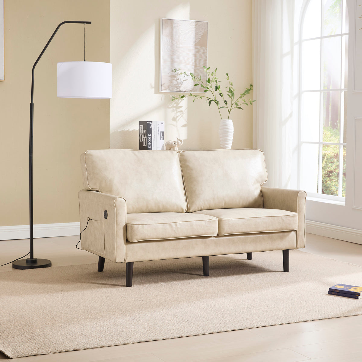 COOLMORE Loveseat Sofa, Mid Century Modern Love Seat, 2 Seater Sofa Couches for Living Room, Small Couch with USB & Removable Pillow Cover, Comfy Couch for Bedroom, Apartment (Camel PU) W395P238822-djyc