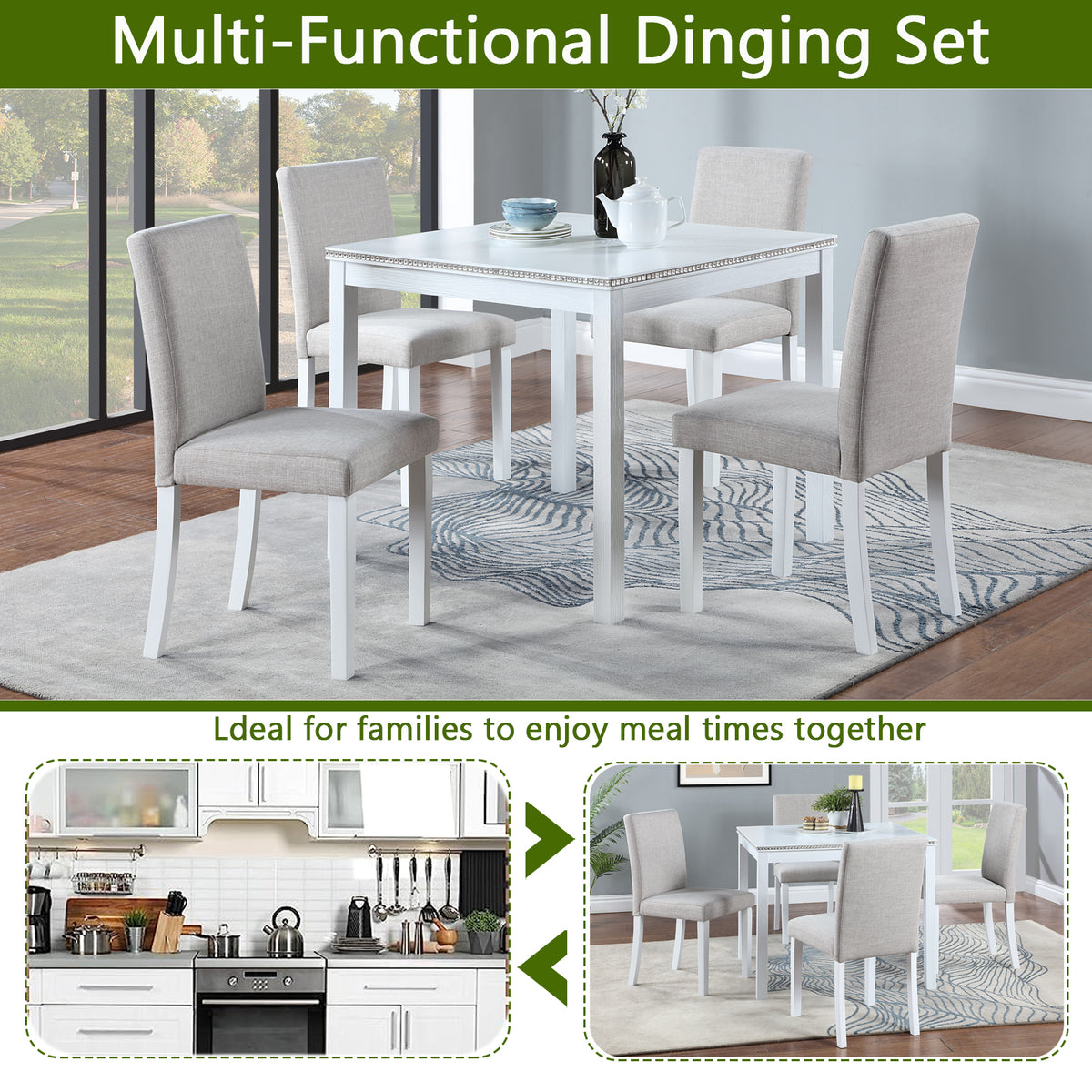 5 Piece Wooden Dining Table Set, Kitchen Table Set with a Square Table and 4 Upholstered Chairs, Wooden Dining Room Table with Crystal Decoration and Chairs Set for Kitchen, Dining Room, White W1998S00043-djyc