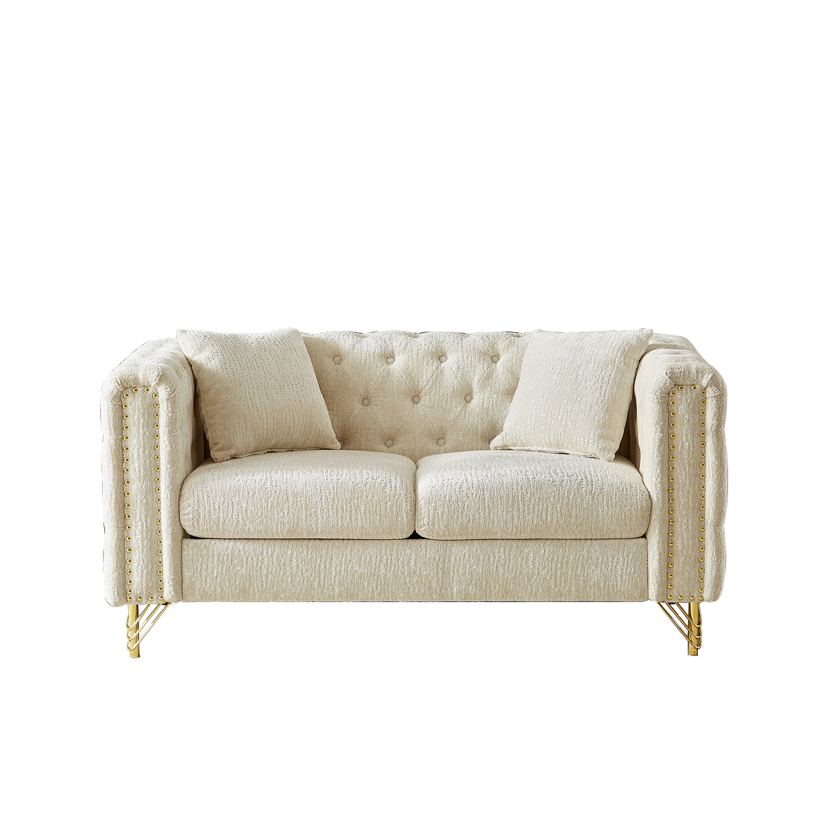 60-Inch Chenille Pull Buckle Design Sofa for Living Room,Buttons Tufted With Copper Nail Decoration Armrest, Modern Couch Upholstered Button And Metal Legs W834S00297-djyc