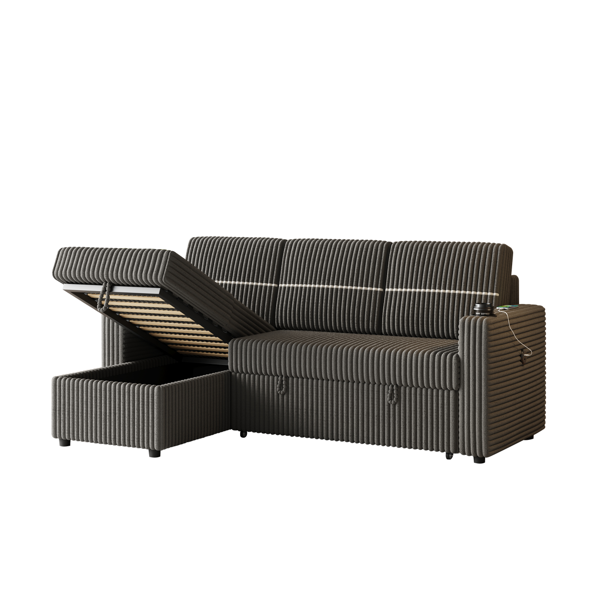 85 Inches Corduroy Sofa Bed, 3 Seater Sleeper Sofa with Storage Chaise, Square Handrail With Two Cup-holder And USB Charge Port, Pull Out Couch for Living Room W834S00270-djyc