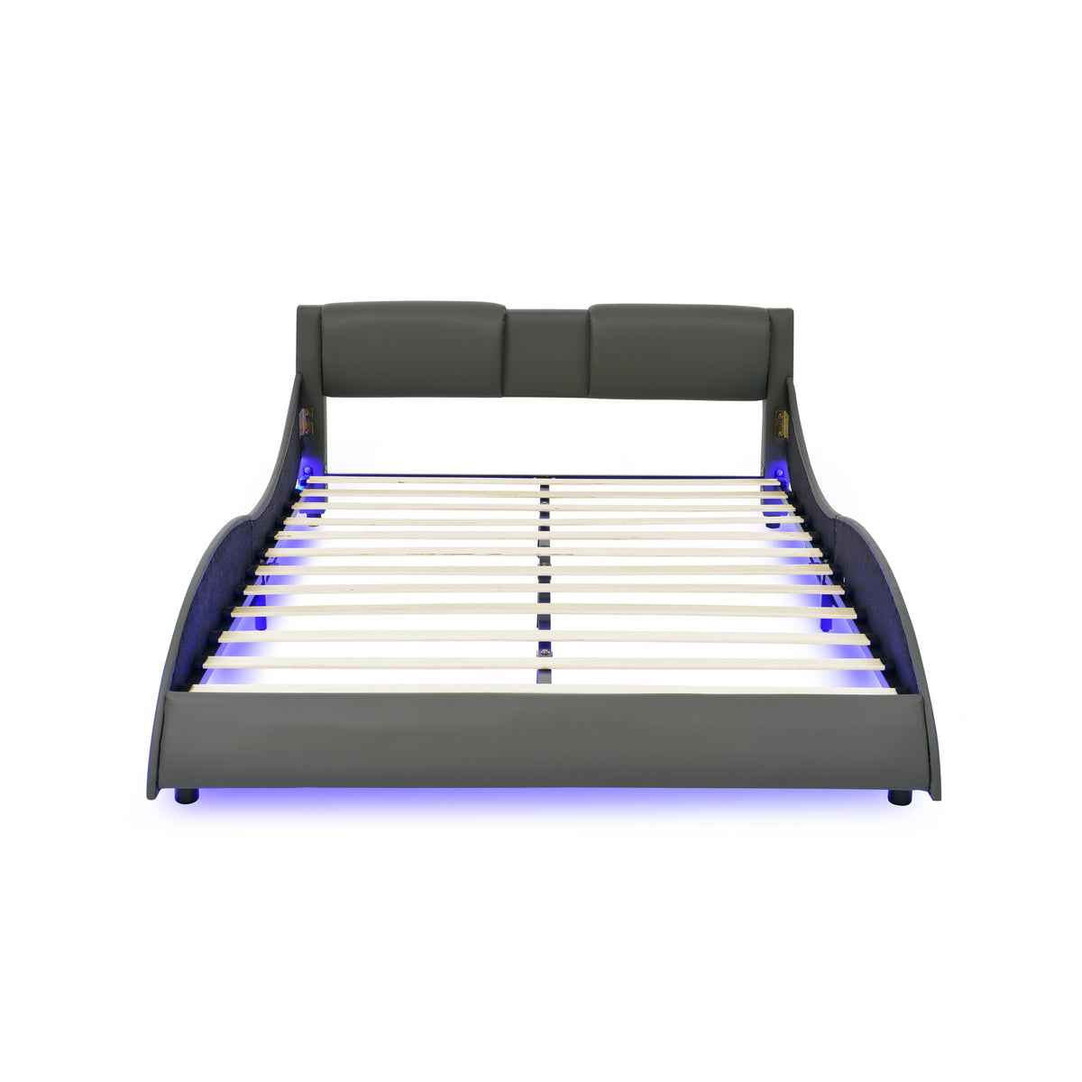 Queen Led Bed Frame Modern Faux Leather Upholstered Platform Bed Frame with RGB LED Lights and Headboard Wave Like Curve Low Profile Bed Frame,Wood Slats Support,Easy Assembly, Grey W487P169717-djyc