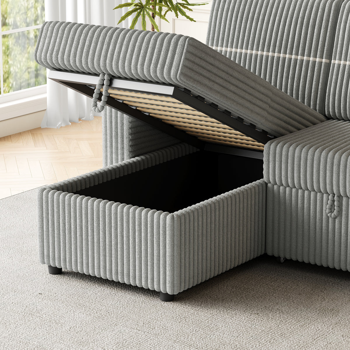 85 Inches Corduroy Sofa Bed, 3 Seater Sleeper Sofa with Storage Chaise, Square Handrail With Two Cup-holder And USB Charge Port, Pull Out Couch for Living Room W834S00269-djyc