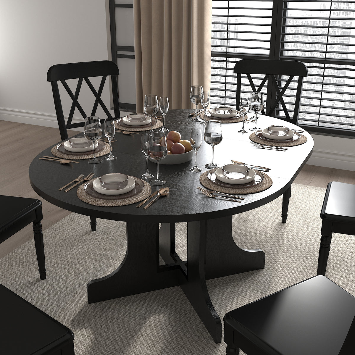 Dining Table for Farmhouse Kitchen 59x43 Inch Expandable Oval Table Top with Removable Leaf Trestle X Shaped Base Black W1347P202405-djyc