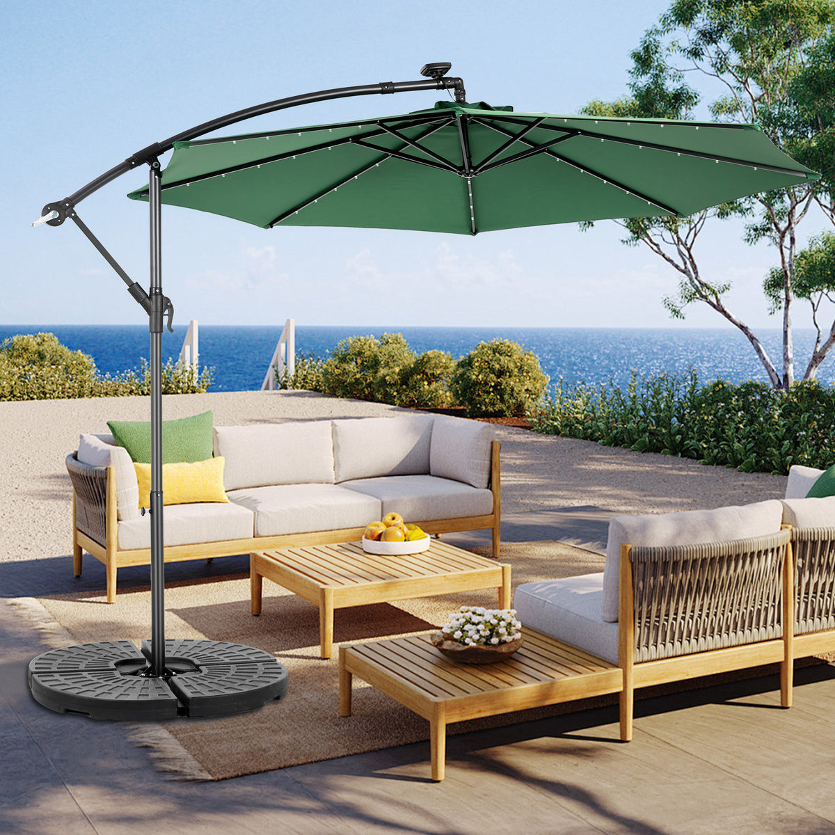 10ft Solar LED Offset Hanging Market Patio Umbrella( Dark green ) W640P234518-djyc