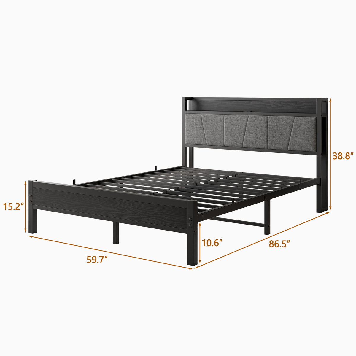 Queen Size Bed Frame, Storage Headboard with Charging Station, Solid and Stable, Noise Free, No Box Spring Needed, Easy Assembly W840P195212-djyc