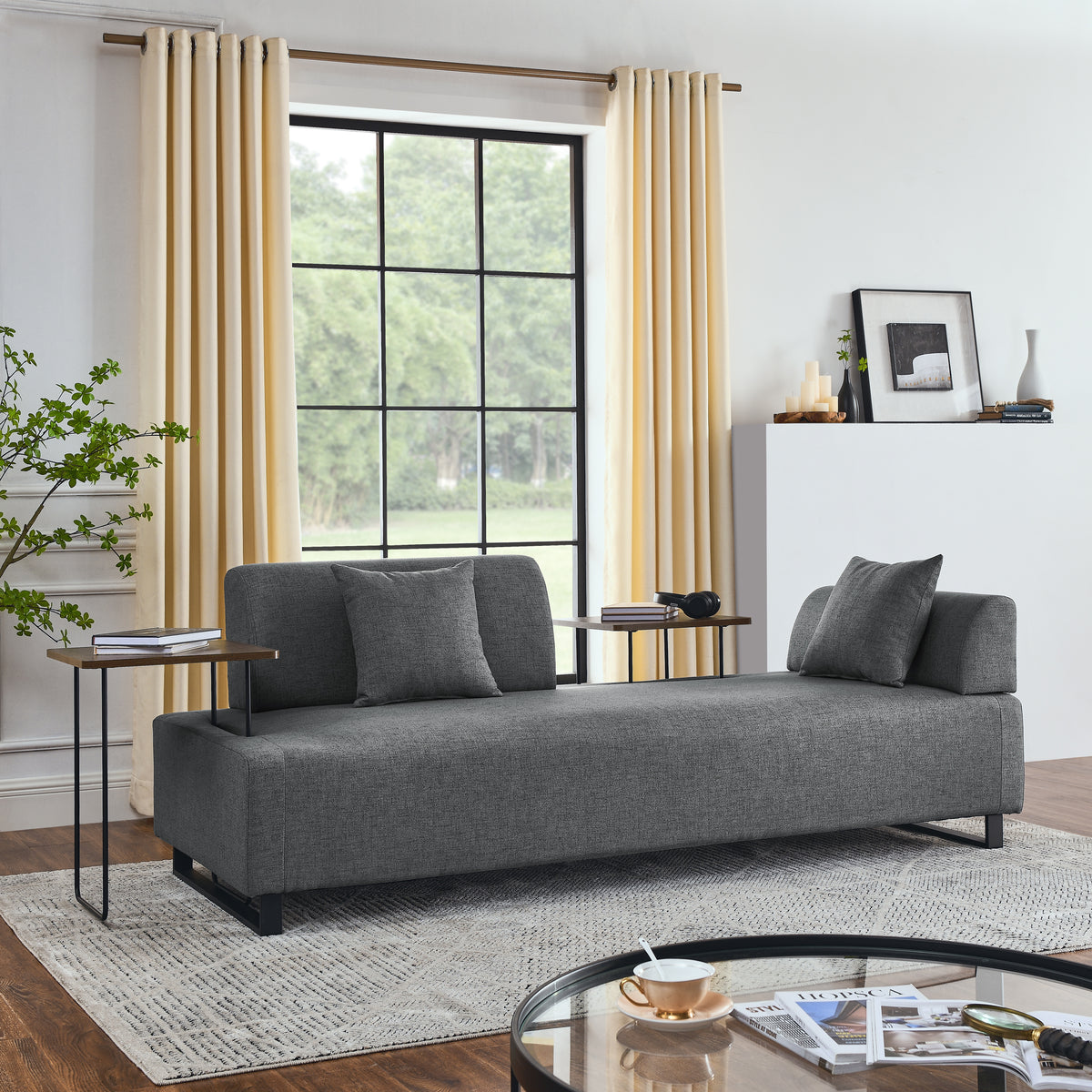 Linen Fabric 3 Seat Sofa with Two End Tables and Two Pillows, Removable Back and Armrest, Morden Style Upholstered 3-Seat Couch for Living Room W487139512-djyc