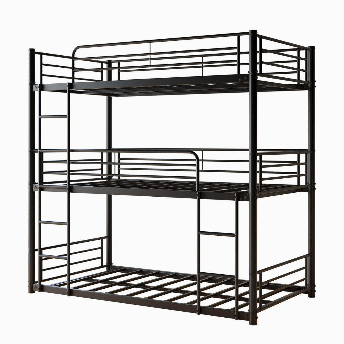 Triple Twin Bunk Beds, Twin Over Twin Over Twin Metal Bunk Bed Platform Frame, Two Attached Ladders, Easy Access Guard-Rail, No Box Spring Need (Black) W840P209935-djyc