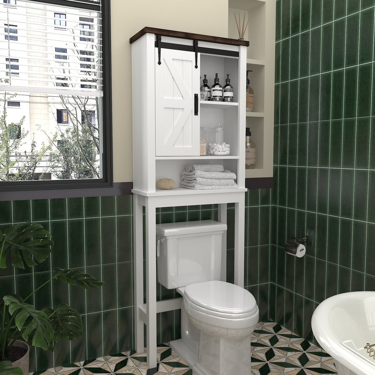 Over The Toilet Storage Cabinet, Farmhouse Above Toilet Storage Cabinet with Adjustable Shelves & Sliding Barn Doors, Organizers Over Toilet for Bathroom, Living Room, White W1347P183703-djyc
