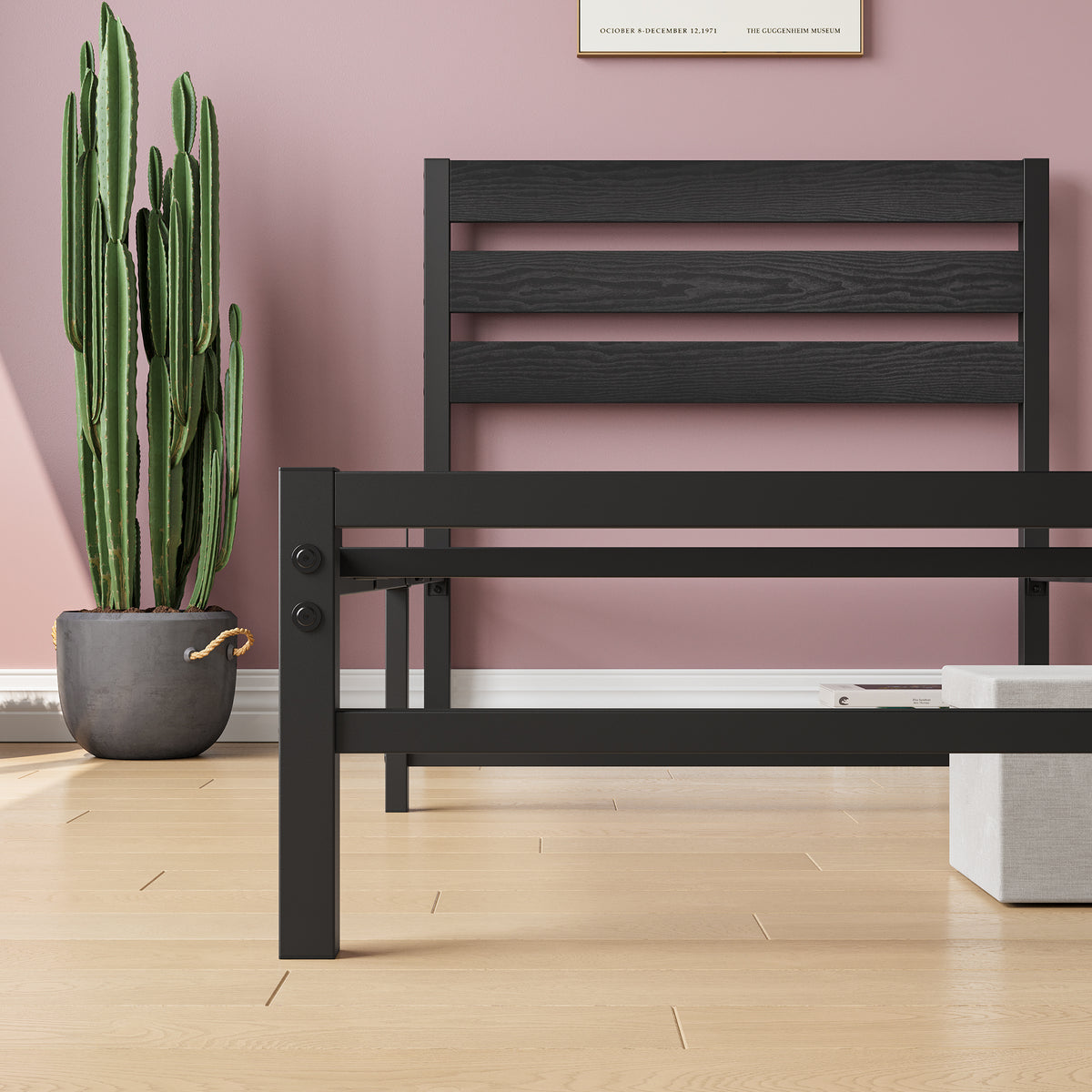 Twin Size Platform Bed Frame with Rustic Vintage Wood Headboard, No Box Spring Needed Black W840P164954-djyc