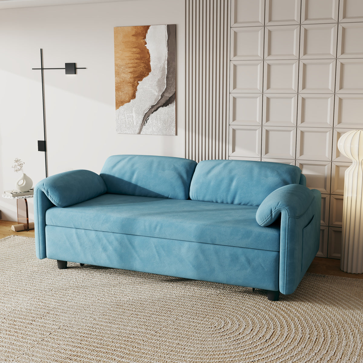 Sofa Showcase: 54" Velvet Blue Sofa Bed – A Dual-Purpose Living Room Gem with a Retractable Bed Option W1278127958-djyc