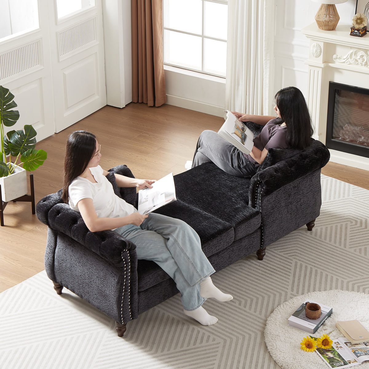 81-inch Chenille Face-to-face Chaise Lounge with Two Pillows,Nailhead trim,Button Tufted Design and Rolled Arms for Lounge, Living room and Office W834S00319-djyc