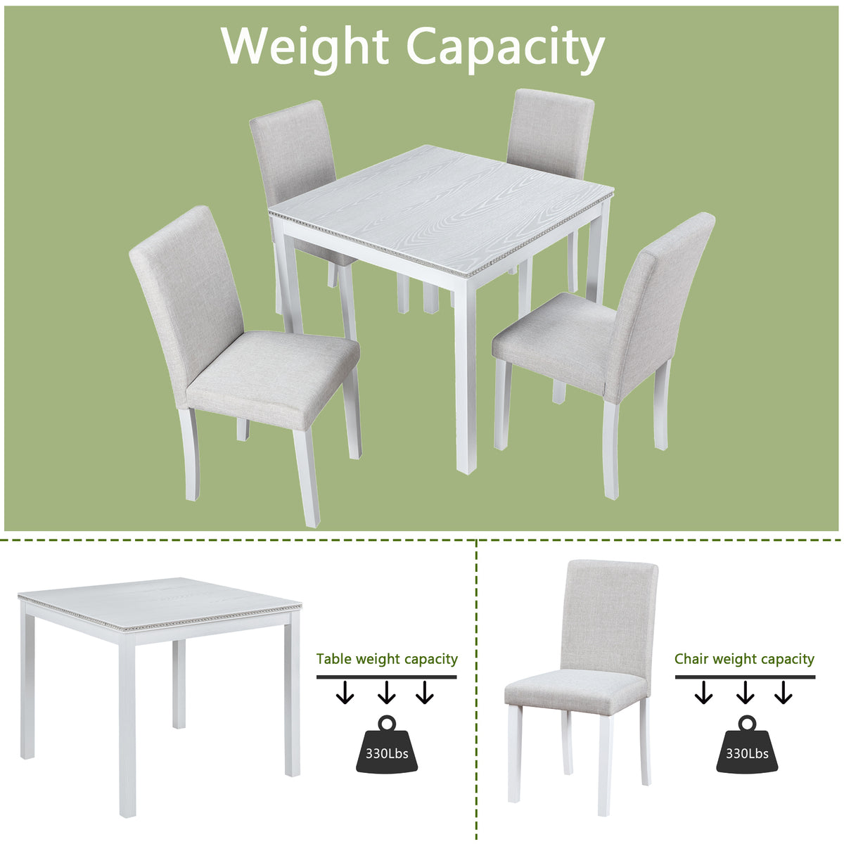 5 Piece Wooden Dining Table Set, Kitchen Table Set with a Square Table and 4 Upholstered Chairs, Wooden Dining Room Table with Crystal Decoration and Chairs Set for Kitchen, Dining Room, White W1998S00043-djyc