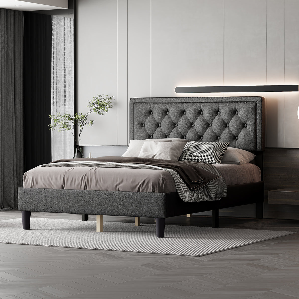 Full size Panel Bed Frame with Adjustable Button-Tufted Headboard for Bedroom/Linen Upholstered/Wood Slat Support/Easy Assembly,Dark Grey W1793140494-djyc