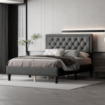 Full size Panel Bed Frame with Adjustable Button-Tufted Headboard for Bedroom/Linen Upholstered/Wood Slat Support/Easy Assembly,Dark Grey W1793140494-djyc