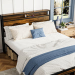 Queen Size Bed Frame, Storage Headboard with LED light, Charging Station, Solid and Stable, Noise Free, No Box Spring Needed, Easy Assembly, Vintage Brown W1903P151337-djyc