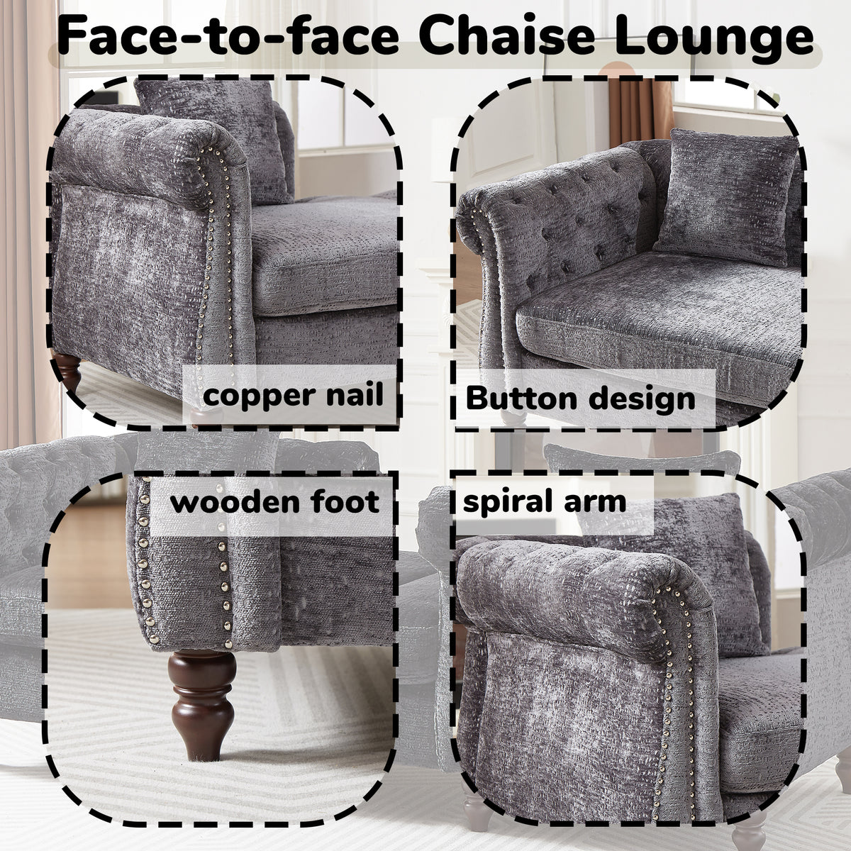 81-inch Chenille Face-to-face Chaise Lounge with Two Pillows,Nailhead trim,Button Tufted Design and Rolled Arms for Lounge, Living room and Office W834S00316-djyc