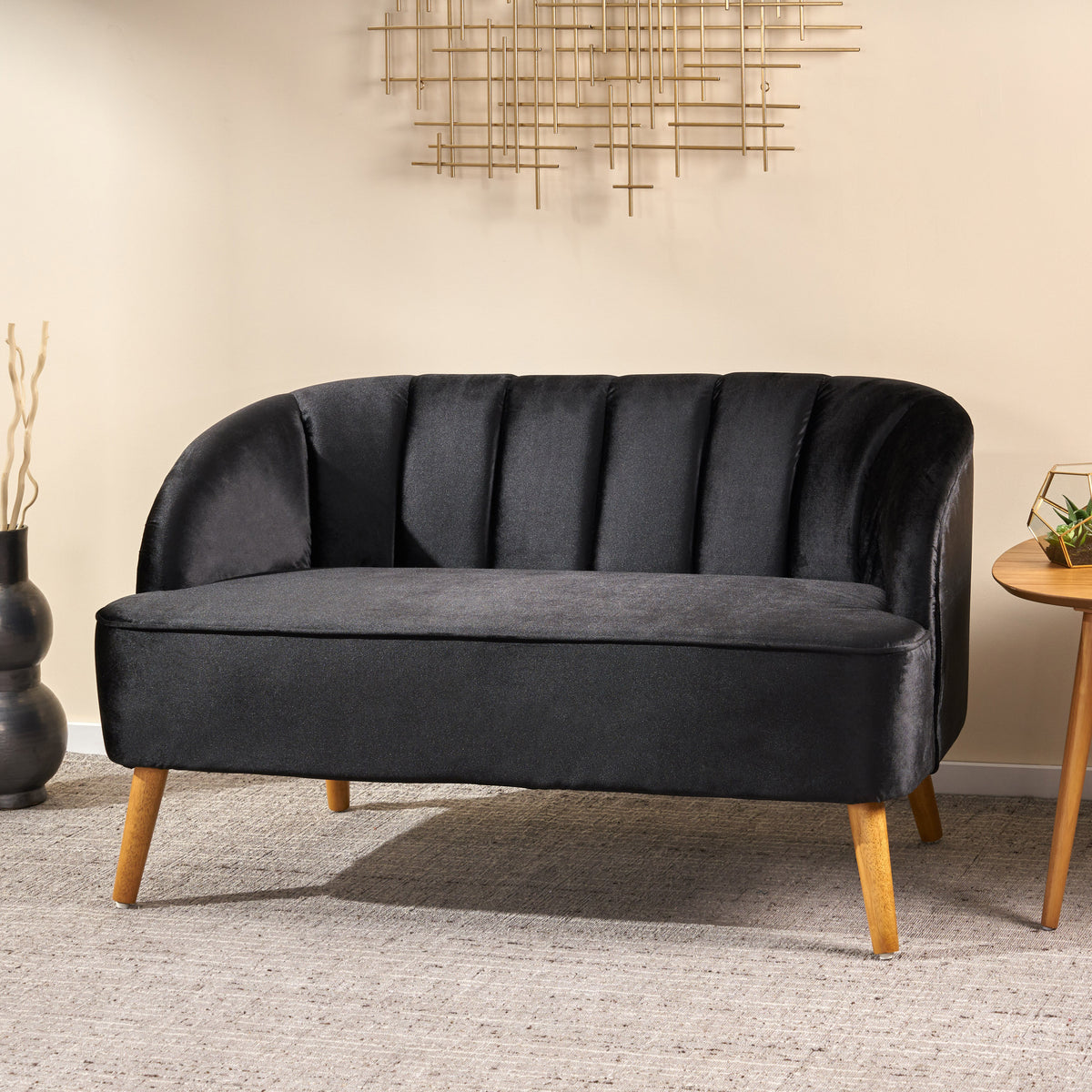 Classic Velvet Loveseat with Shell Back, Birch Wood Frame, Channel-Tufted, Angled Legs, 2-Seater61715.00BLK-djyc