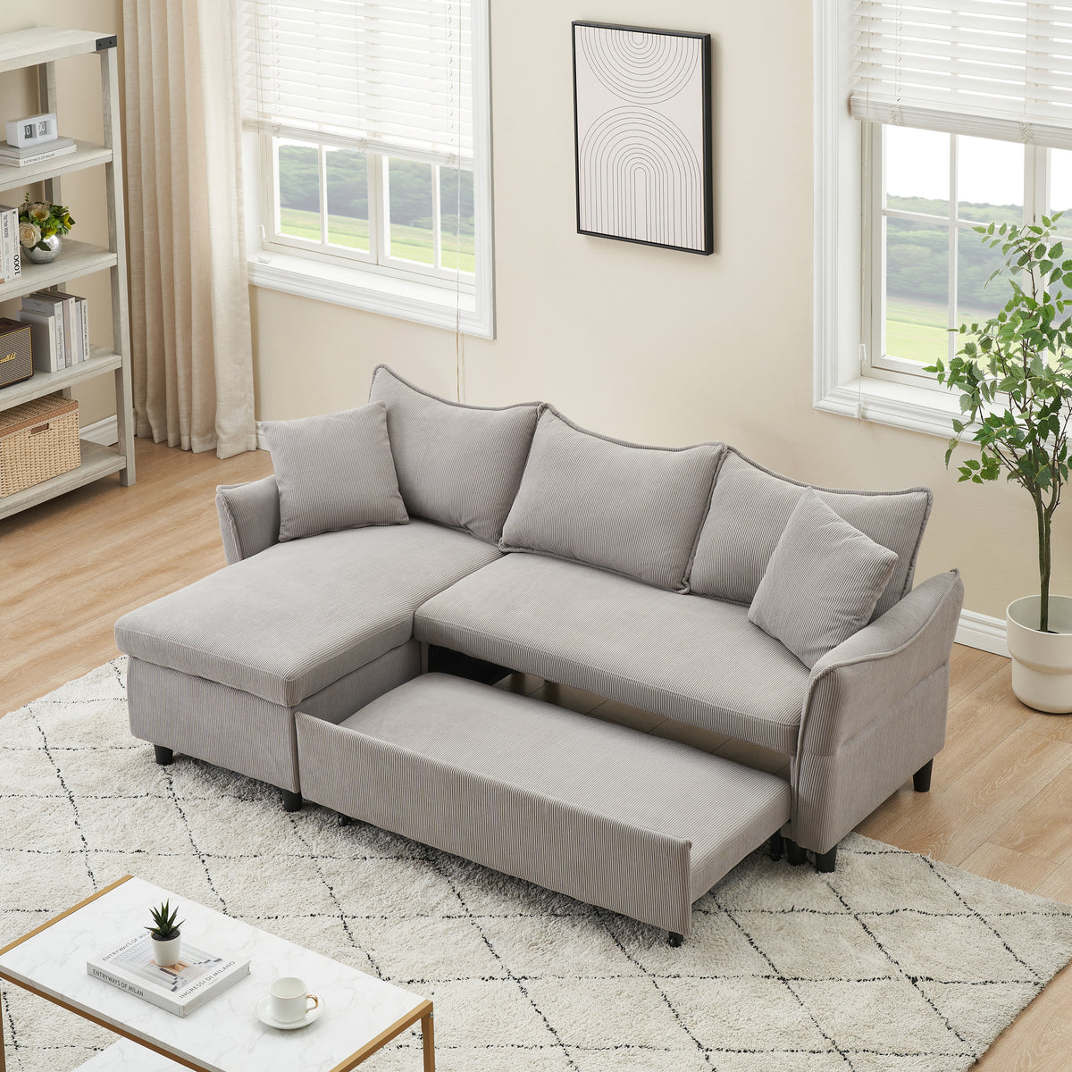 This 80-inch gray corduroy L-shaped sofa comes with two small throw pillows that can be converted into a sofa bed for storage W1278S00027-djyc