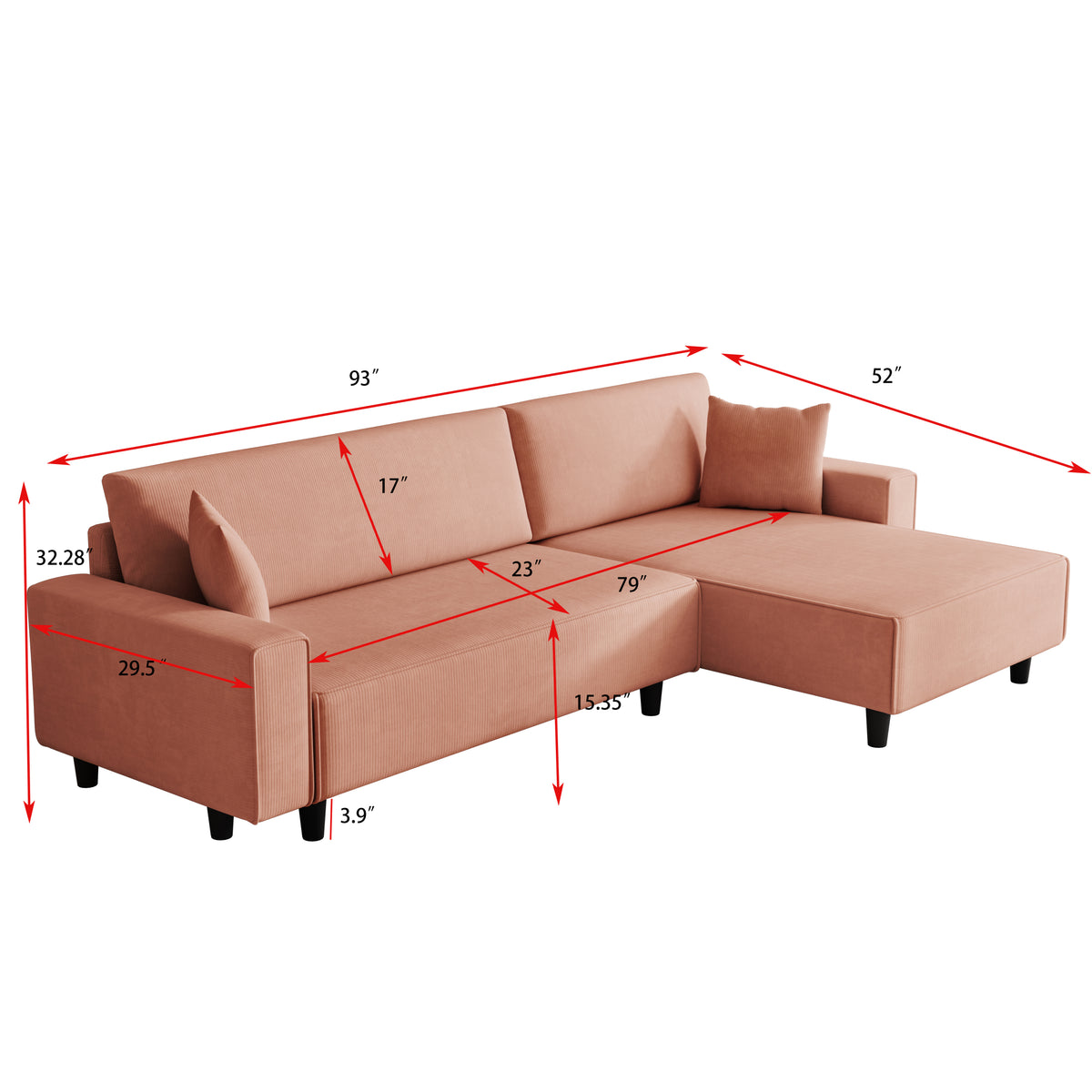 Spacious 93-Inch Orange Corduroy Sofa Bed with Two Pillows - Ideal for Living Room or Apartment, Ensuring a Roomy & Uncluttered Space W1278S00024-djyc