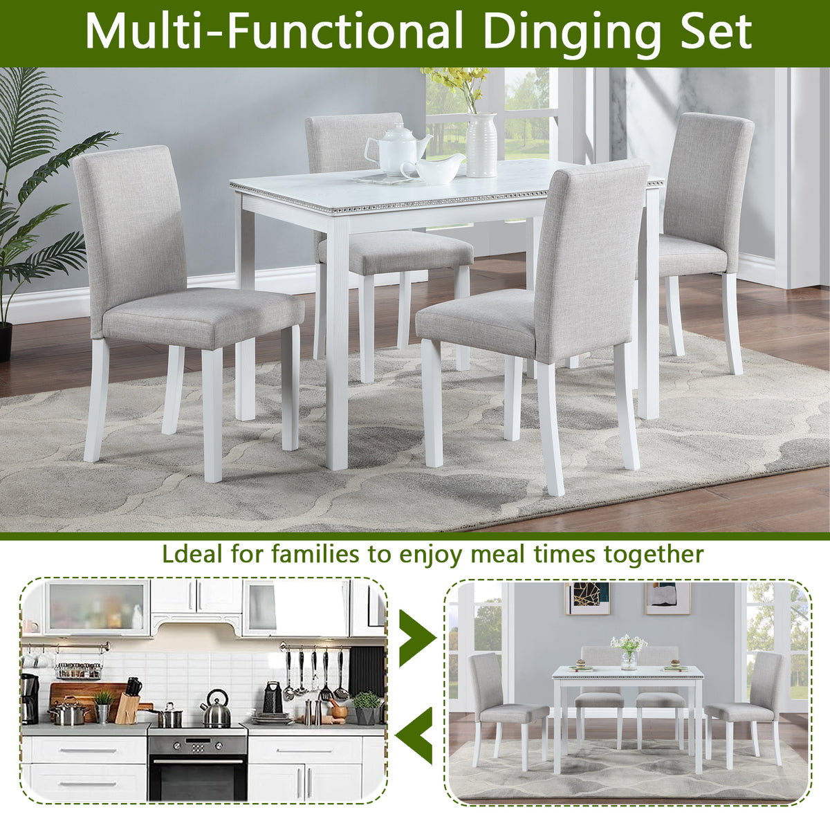 5 Piece Wooden Dining Table Set, Kitchen Table Set with a Rectangular Table and 4 Upholstered Chairs, Wooden Dining Room Table with Crystal Decoration and Chairs Set for Kitchen, Dining Room, White W1998S00049-djyc