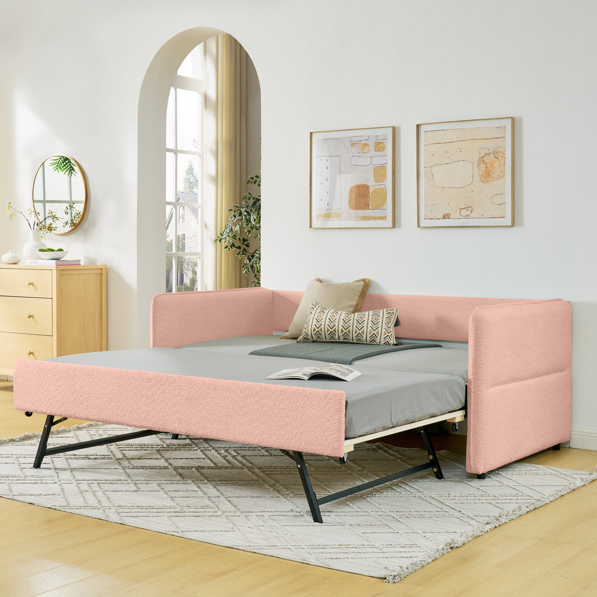 Daybed with Twin Size Pop-up Trundle Upholstered Tufted Sofa Bed, Twin Size, Boucle Fabric (83'x43'x29.5')-W1413S00172
