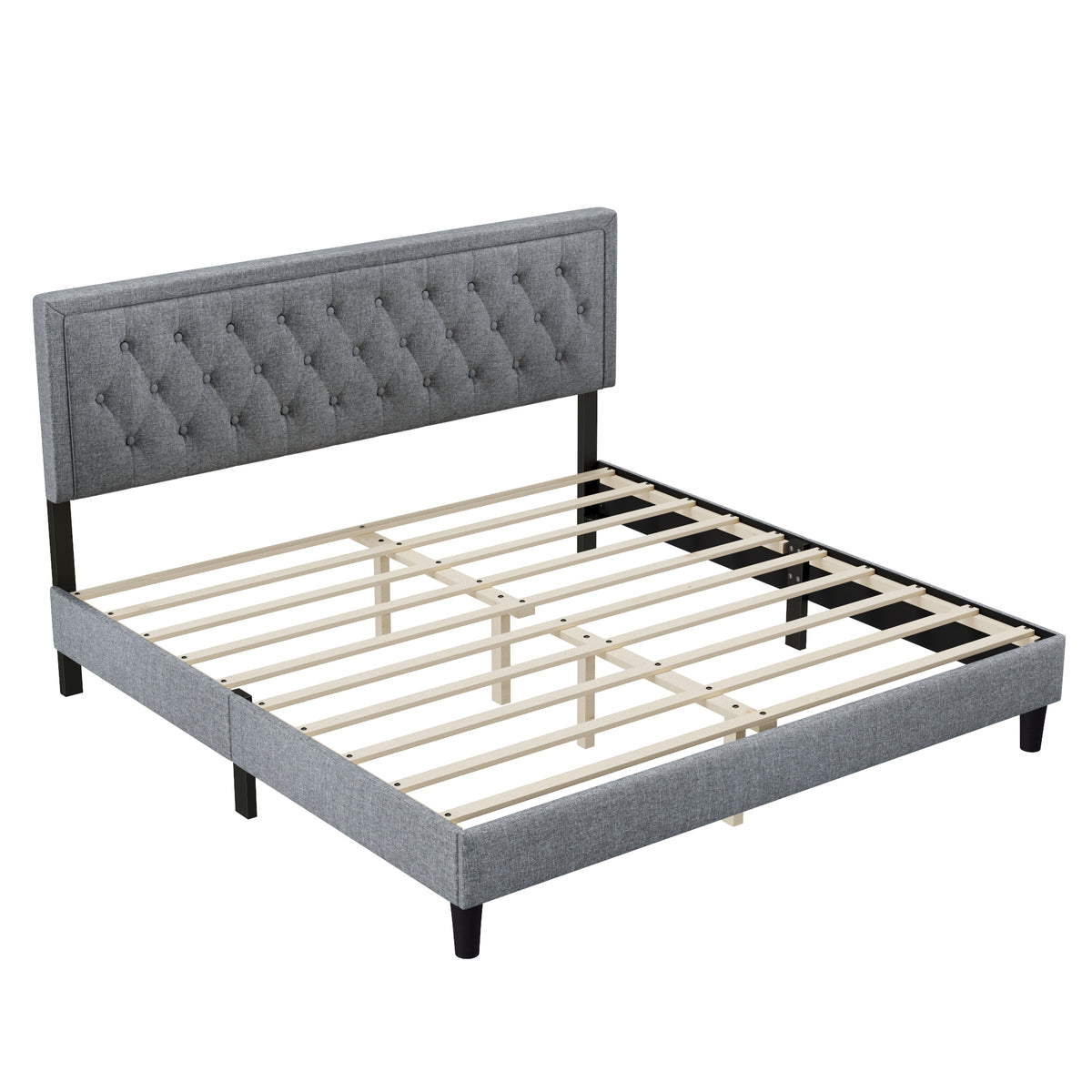 King size Panel Bed Frame with Adjustable Button-Tufted Headboard for Bedroom/Linen Upholstered/Wood Slat Support/Easy Assembly,Light Grey W1793140501-djyc