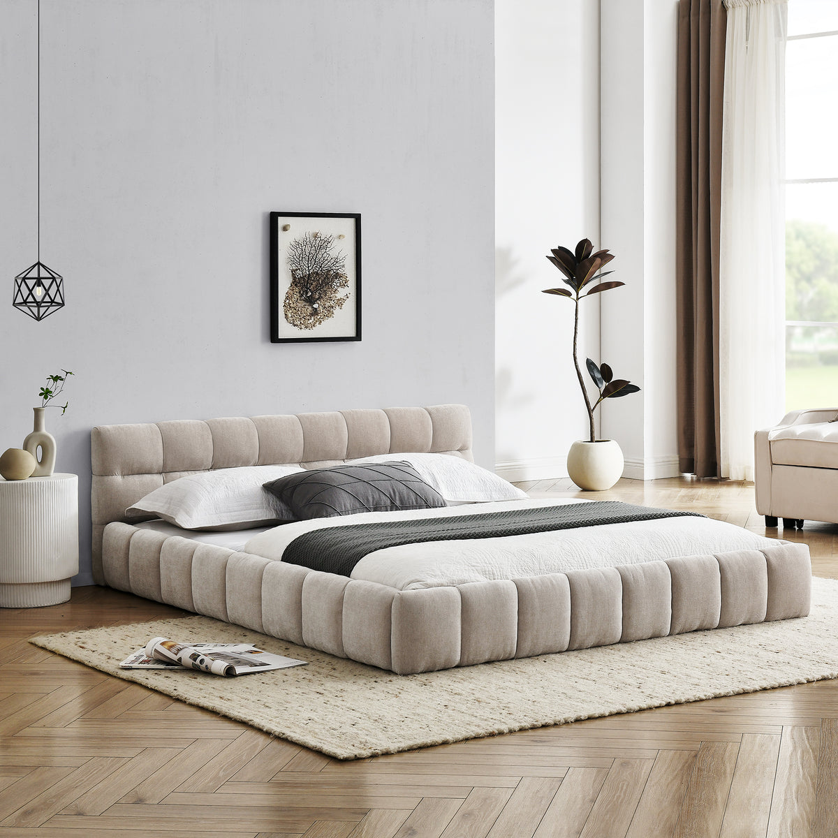 Queen Size Upholstered Bed Frame with Thick Fabric, Chenille Fabric Grounded Queen Size Platform Bed with Headboard and Solid Frame. No Box Spring Needed, Beige(68''*86.5''*23.5'') W487S00220-djyc