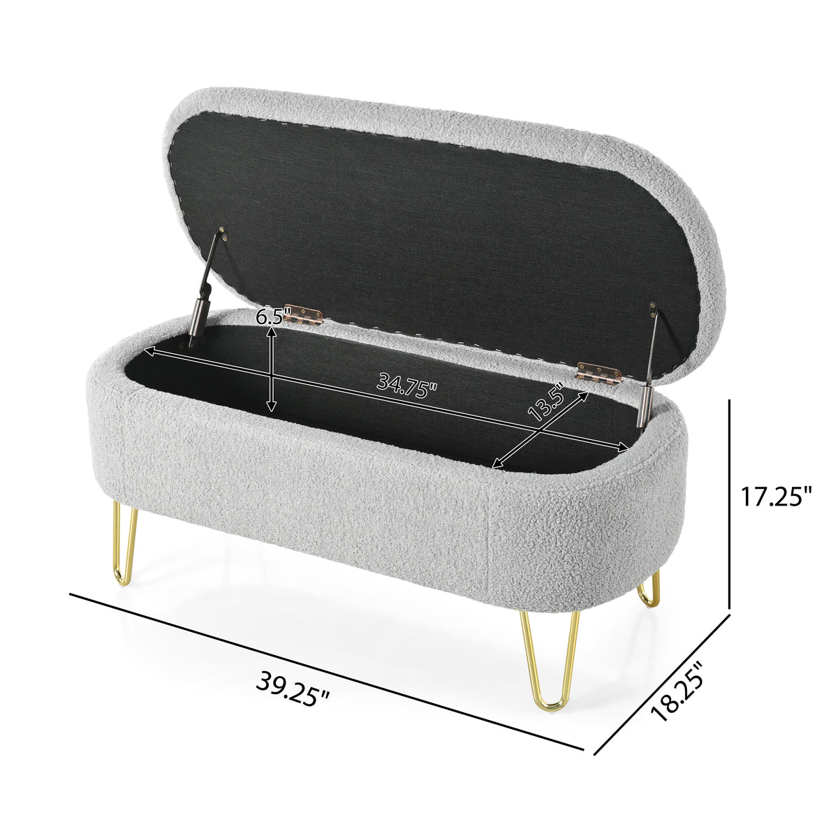 Oval Storage Bench for Living Room Bedroom End of Bed, Upholstered Storage Ottoman Entryway Bench With Metal Legs,Grey N769P195486G-djyc