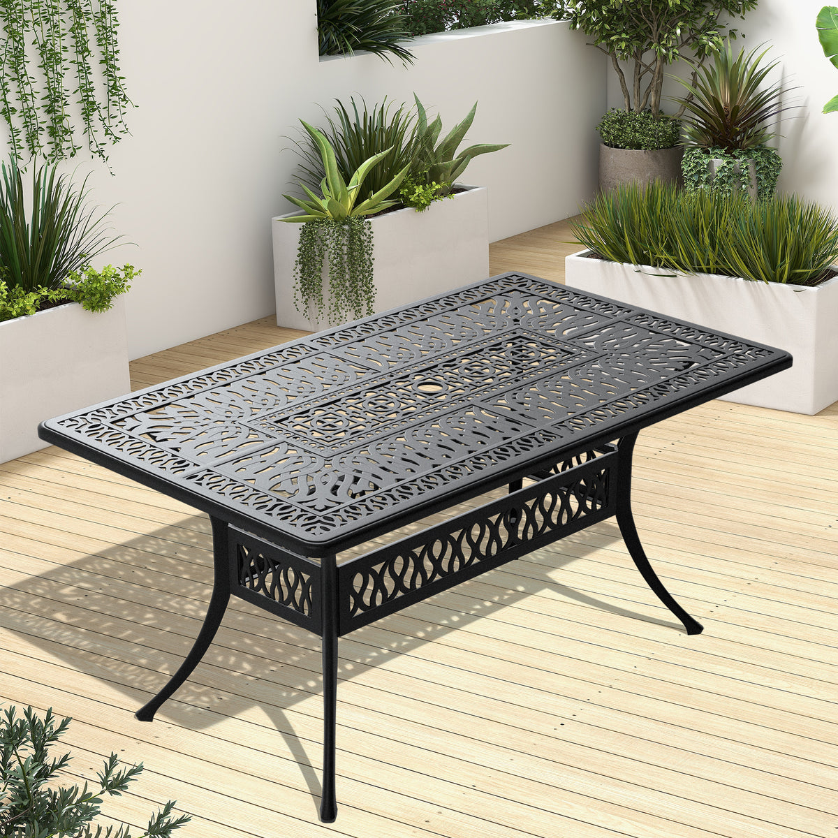 L58.27*W34.65-inch Cast Aluminum Patio Dining Table With Black Frame and Umbrella Hole W1710P166030-djyc