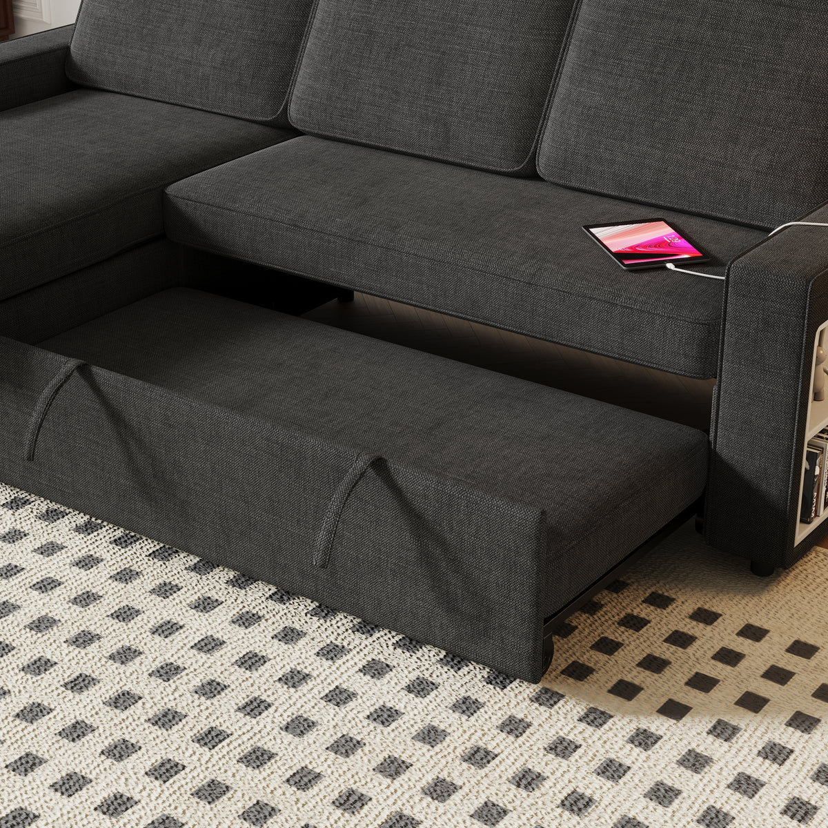 85.8" Pull Out Sleeper Sofa L-Shaped Couch Convertible Sofa Bed with Storage Chaise And Storage Racks,With USB Port And T-pyce Port W834S00265-djyc