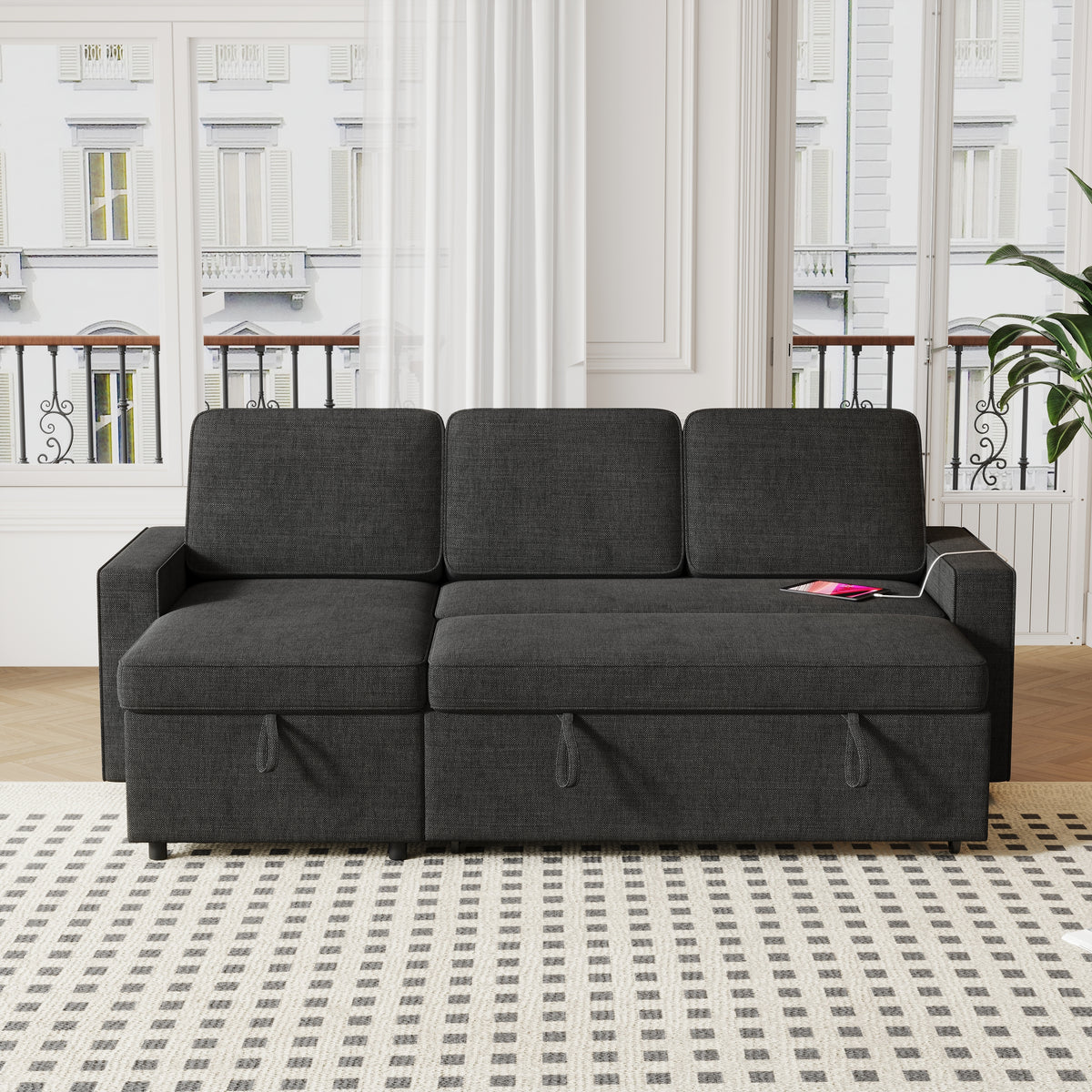 85.8" Pull Out Sleeper Sofa L-Shaped Couch Convertible Sofa Bed with Storage Chaise And Storage Racks,With USB Port And T-pyce Port W834S00265-djyc