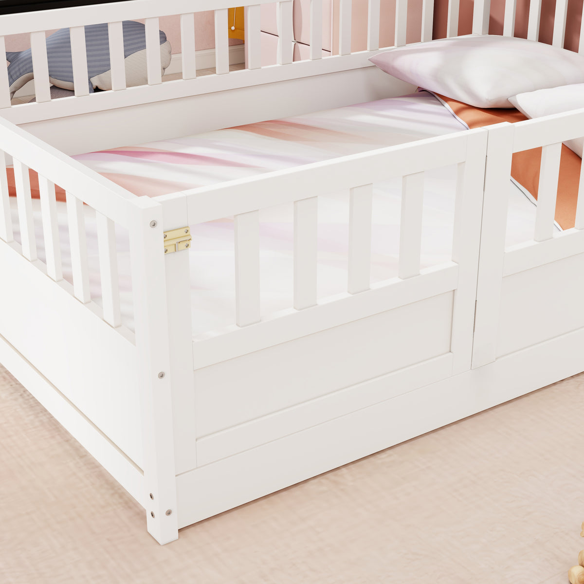 Full sizeFloor bed, integral construction with super high security barrier, door, children's floor bed frame, Montessori wooden children's floor bed, white W1858P164931-djyc