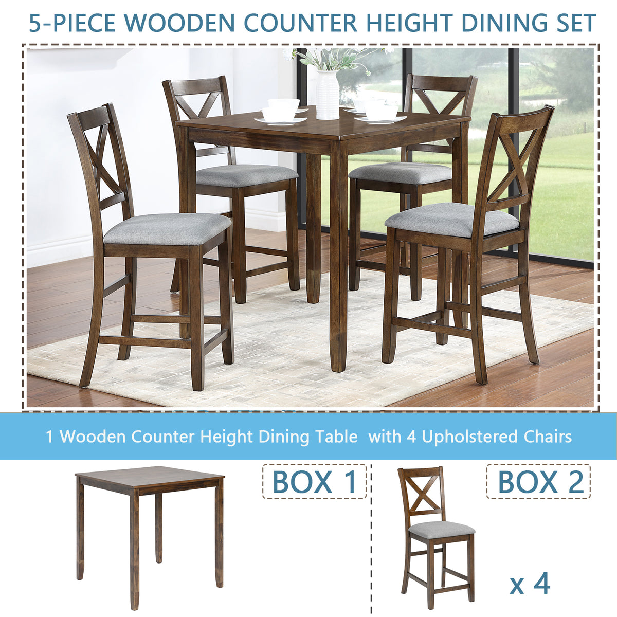 5 Piece Dining Table Set, Wooden Dining Square Table Set for 4, Counter Height Kitchen Table Set with Square Table and 4 Upholstered Chairs for Small Space, Walnut W1998S00032-djyc