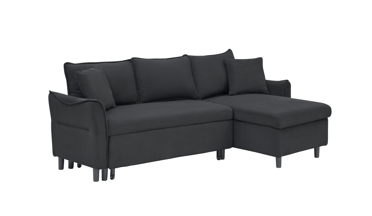 This 80-inch black corduroy L-shaped sofa comes with two small throw pillows that can be converted into a sofa bed for storage W1278S00028-djyc