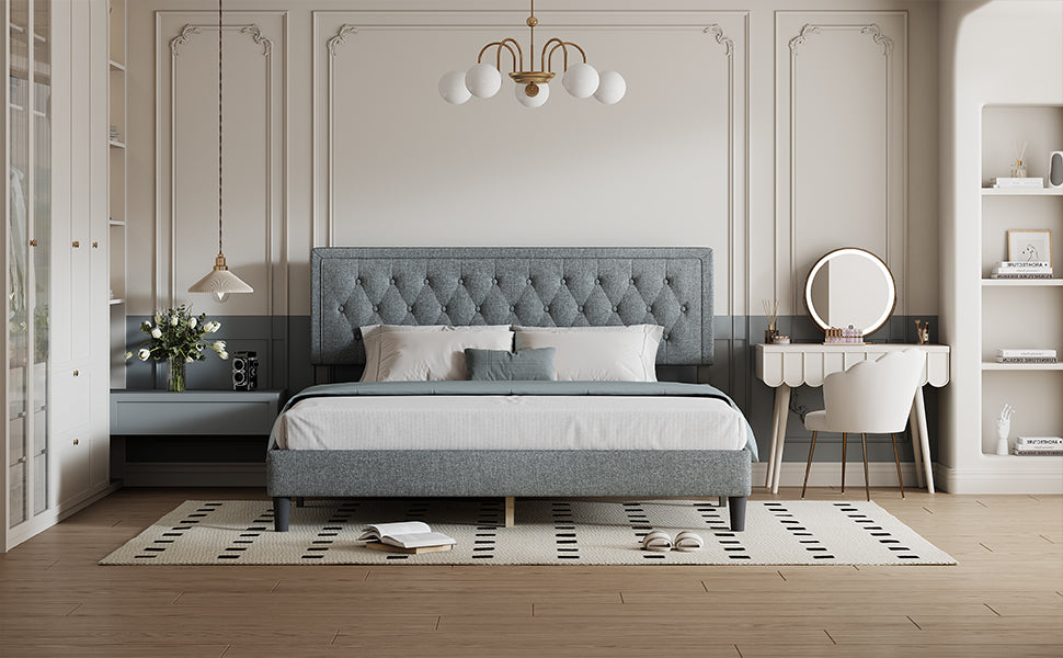 King size Panel Bed Frame with Adjustable Button-Tufted Headboard for Bedroom/Linen Upholstered/Wood Slat Support/Easy Assembly,Light Grey W1793140501-djyc