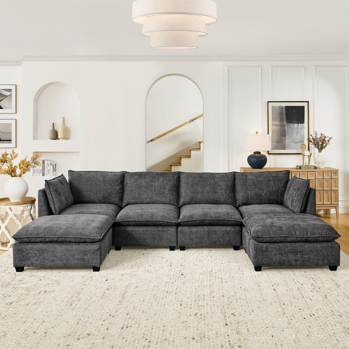 Comfy Cloud Couch Sectional4 Seat Sofa with 2 Ottoman, Chenille Sofa Sleeper Deep Seat Sofa with Throw Pillows for Living Room(Grey) W1117S00185-djyc